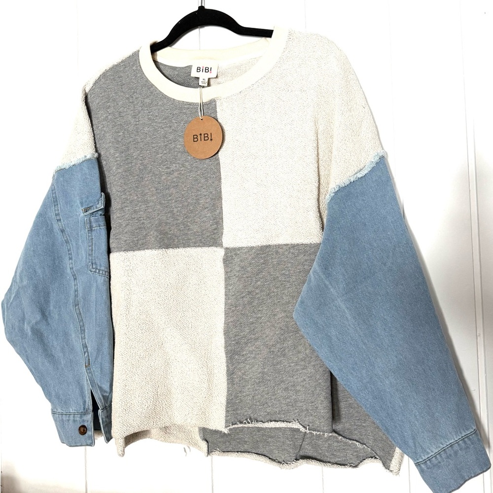 BiBi Patchwork Sweater with Blue Denim Sleeves